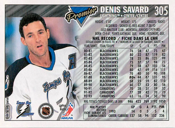 1993-94 O-Pee-Chee Premier - Denis Savard #305