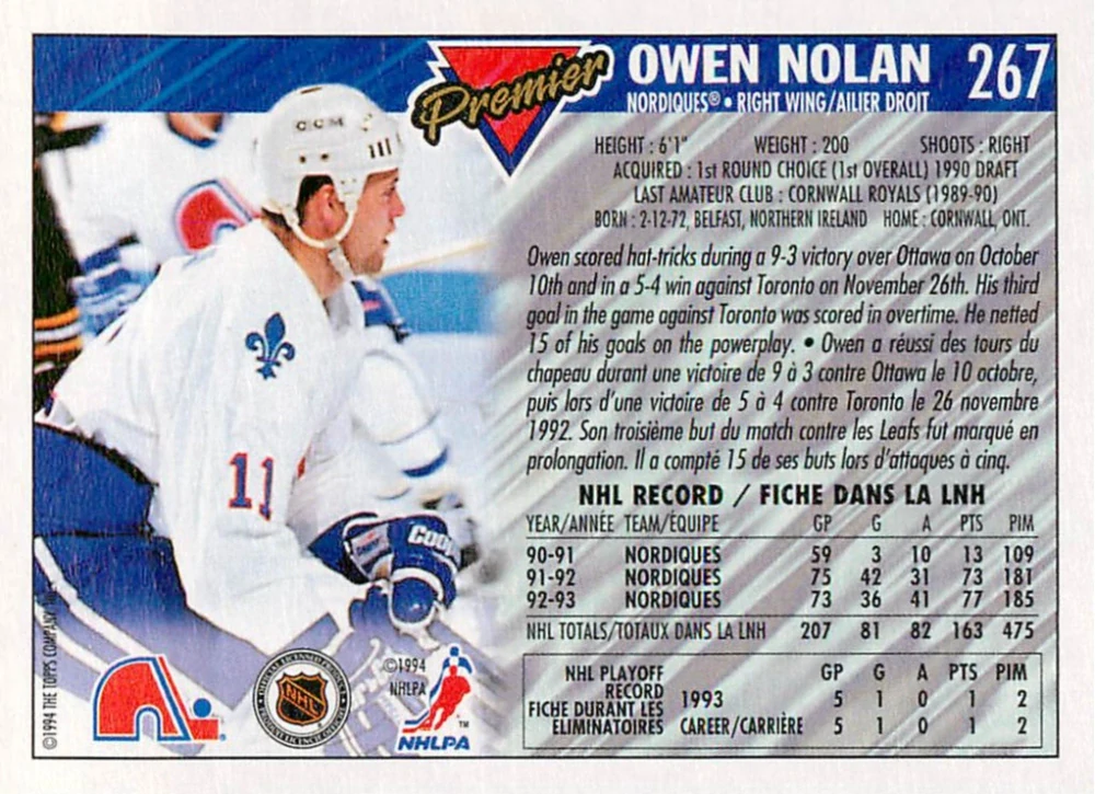 1993-94 O-Pee-Chee Premier - Owen Nolan #267