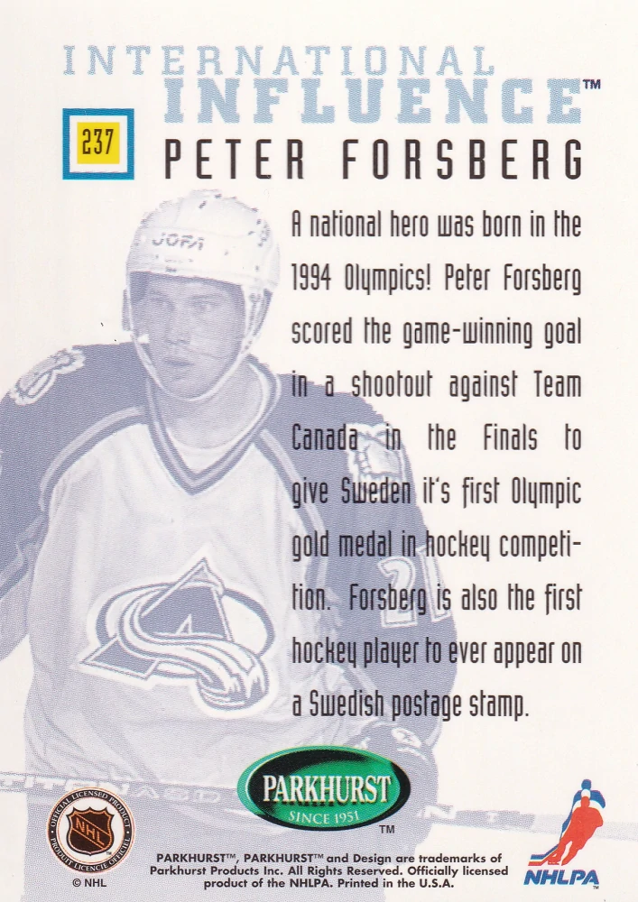 1995-96 Parkhurst International - Peter Forsberg - International Influence #237