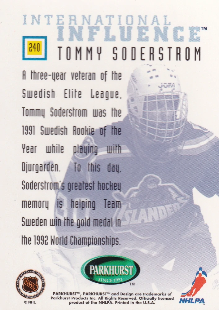 1995-96 Parkhurst International - Tommy Soderstrom - International Influence #240