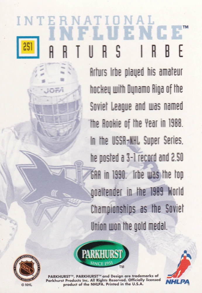 1995-96 Parkhurst International - Arturs Irbe - International Influence #251