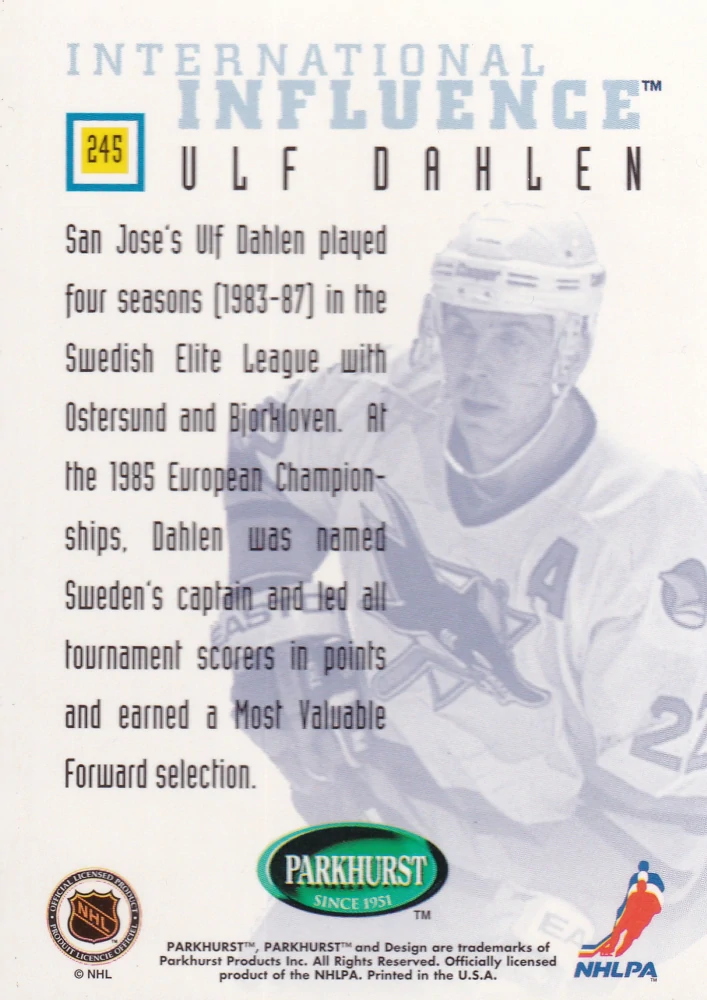 1995-96 Parkhurst International - Ulf Dahlen - International Influence #245