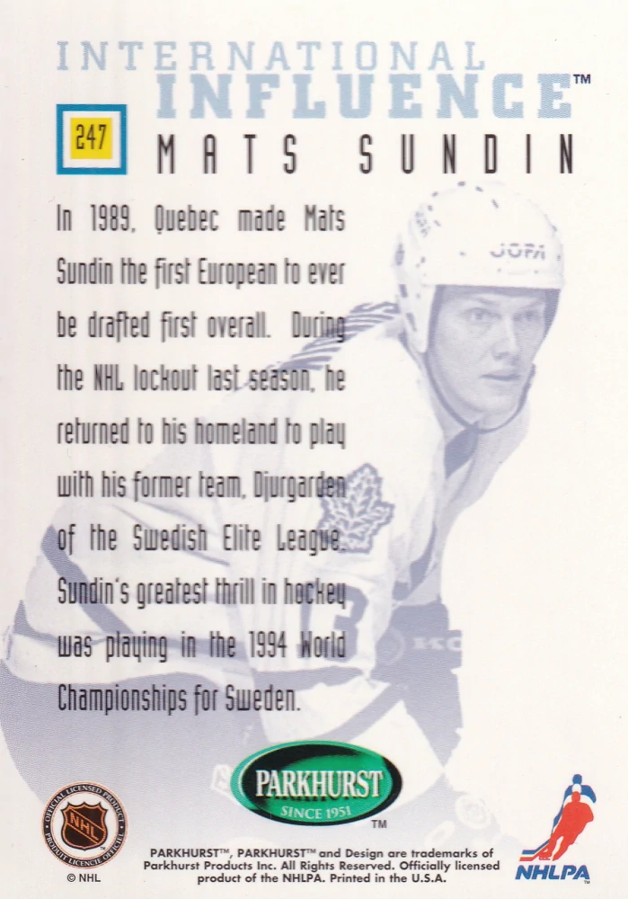 1995-96 Parkhurst International - Mats Sundin - International Influence #247