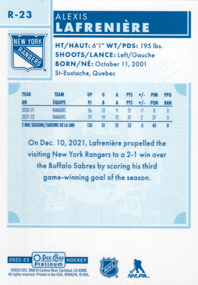 2022-23 UD O-Pee-Chee Platinum - Alexis Lafreniere - Retro #R-23