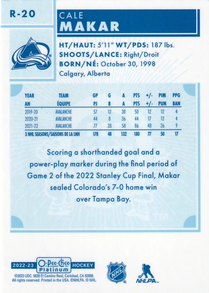 2022-23 UD O-Pee-Chee Platinum - Cale Makar - Retro #R-20