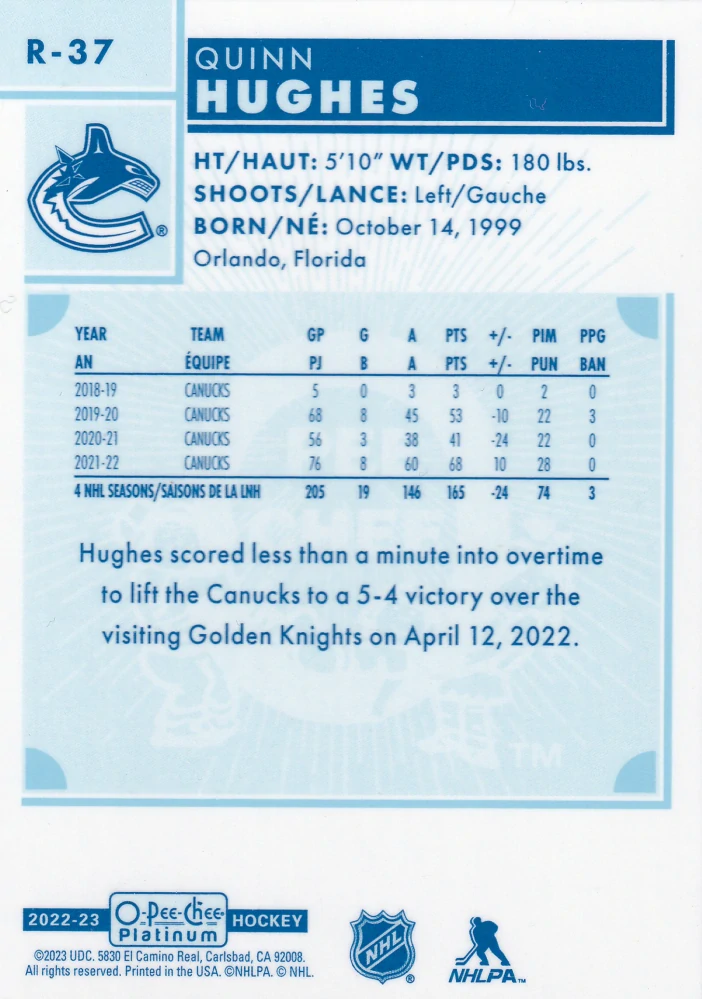 2022-23 UD O-Pee-Chee Platinum - Quinn Hughes - Retro #R-37