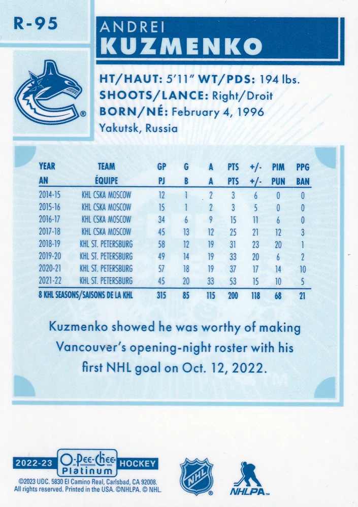 2022-23 UD O-Pee-Chee Platinum - Andrei Kuzmenko - Retro Rookie #R-95