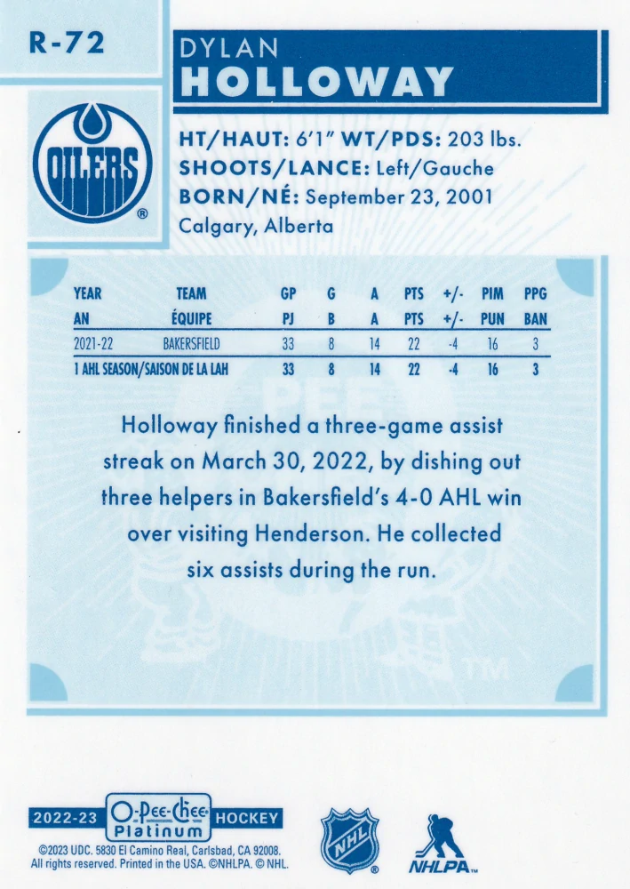 2022-23 UD O-Pee-Chee Platinum - Dylan Holloway - Retro Rookie #R-72