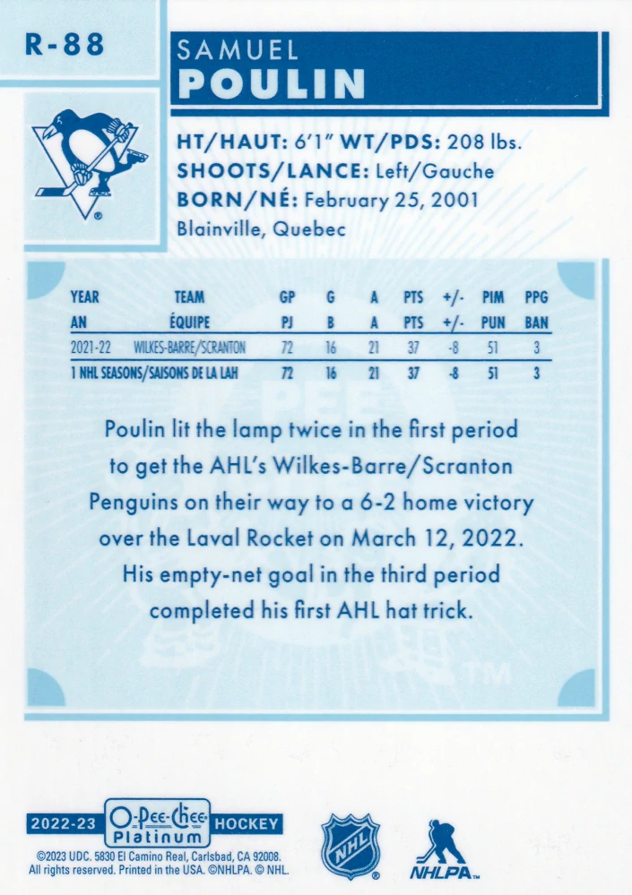 2022-23 UD O-Pee-Chee Platinum - Samuel Poulin - Retro Rookie #R-88