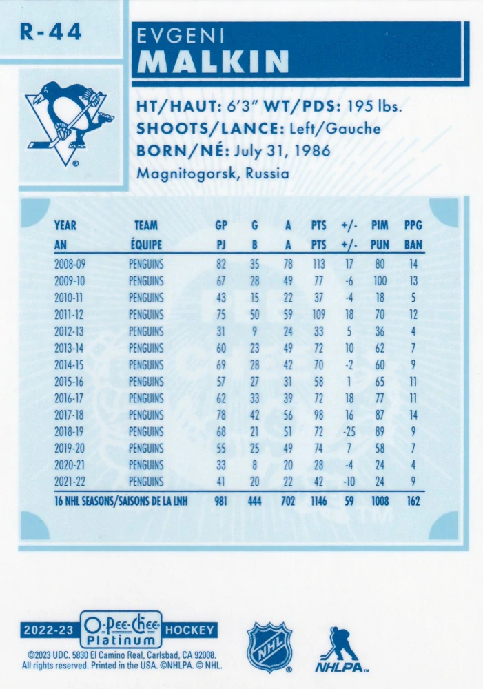 2022-23 UD O-Pee-Chee Platinum - Evgeni Malkin - Retro #R-44