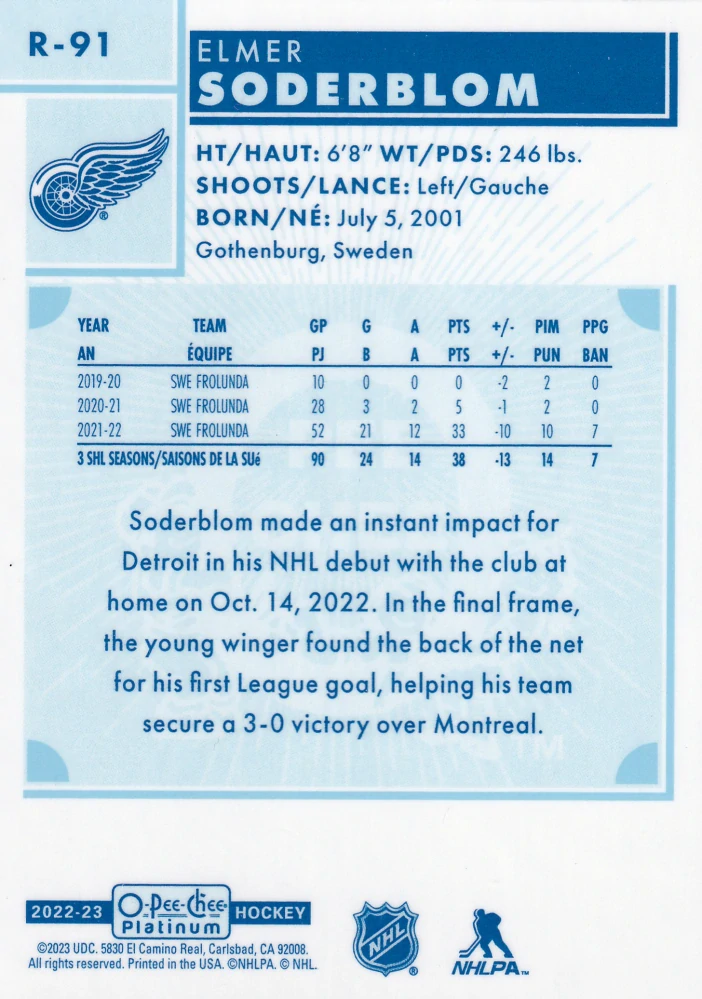 2022-23 UD O-Pee-Chee Platinum - Elmer Soderblom - Retro Rookie #R-91
