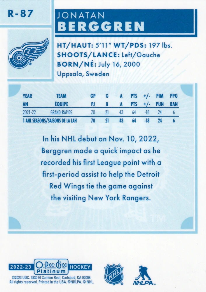 2022-23 UD O-Pee-Chee Platinum - Jonatan Berggren - Retro Rookie #R-87