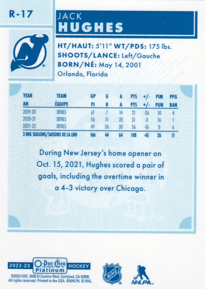 2022-23 UD O-Pee-Chee Platinum - Jack Hughes - Retro #R-17