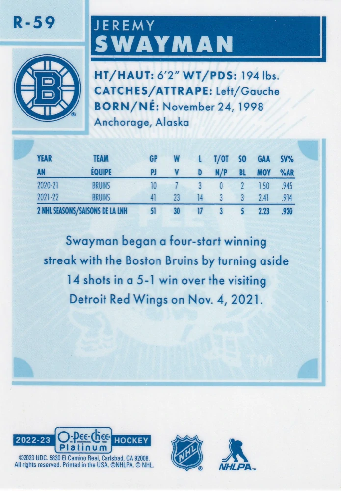 2022-23 UD O-Pee-Chee Platinum - Jeremy Swayman - Retro #R-59