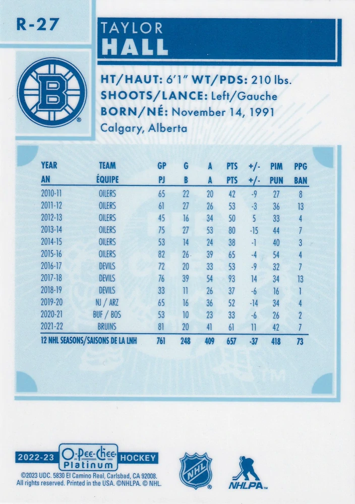 2022-23 UD O-Pee-Chee Platinum - Taylor Hall - Retro #R-27