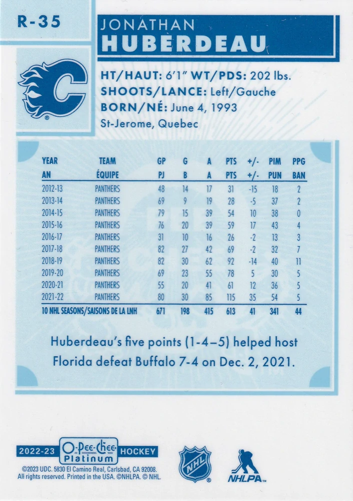 2022-23 UD O-Pee-Chee Platinum - Jonathan Huberdeau - Retro #R-35