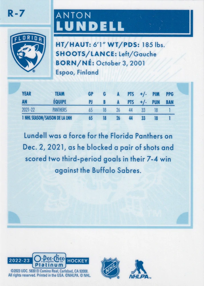 2022-23 UD O-Pee-Chee Platinum - Anton Lundell - Retro #R-7