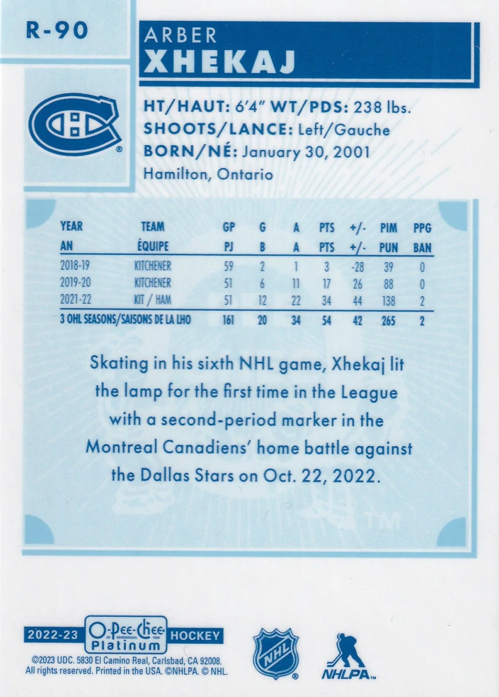 2022-23 UD O-Pee-Chee Platinum - Arber Xhekaj - Retro Rookie #R-90