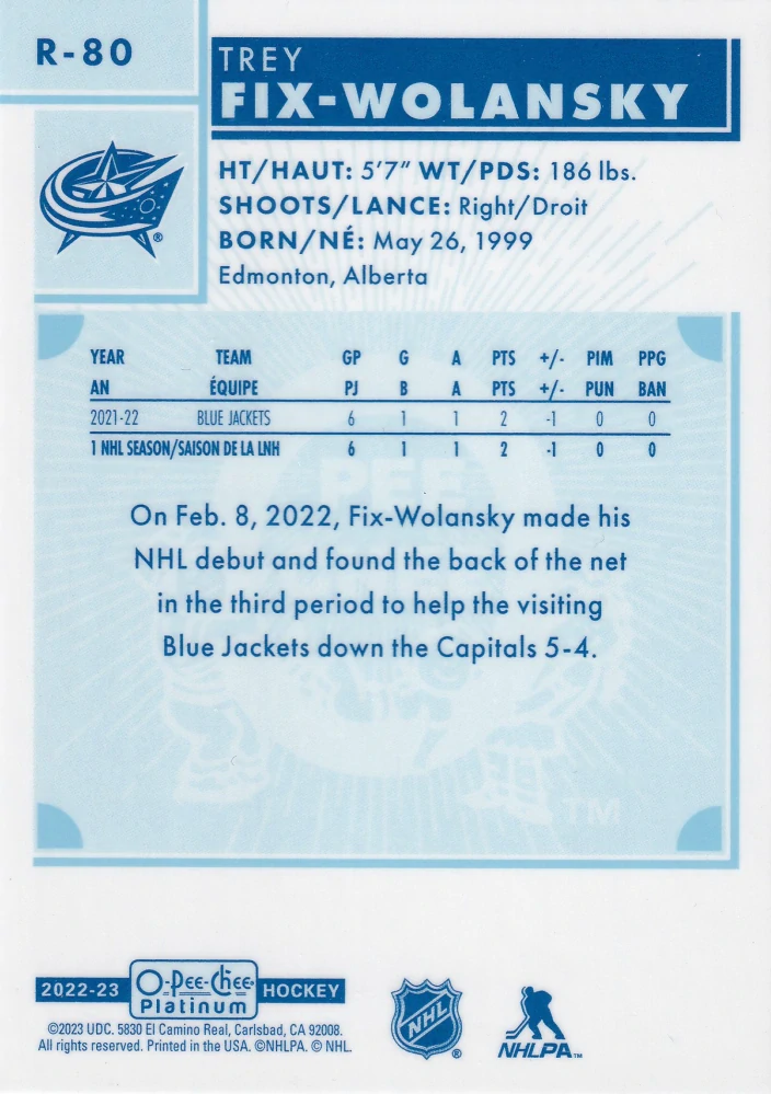 2022-23 UD O-Pee-Chee Platinum - Trey Fix-Wolansky - Retro Rookie #R-80