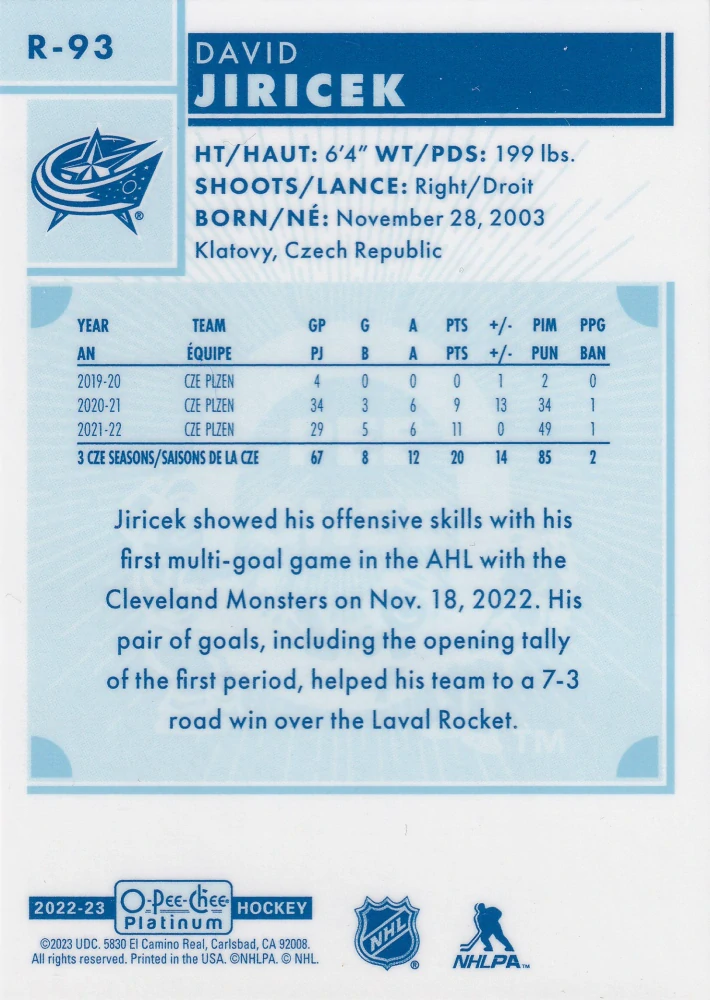2022-23 UD O-Pee-Chee Platinum - David Jiříček - Retro Rookie #R-93
