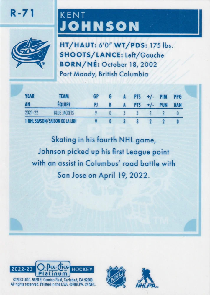 2022-23 UD O-Pee-Chee Platinum - Kent Johnson - Retro Rookie #R-71