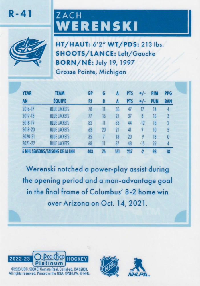 2022-23 UD O-Pee-Chee Platinum - Zach Werenski - Retro #R-41