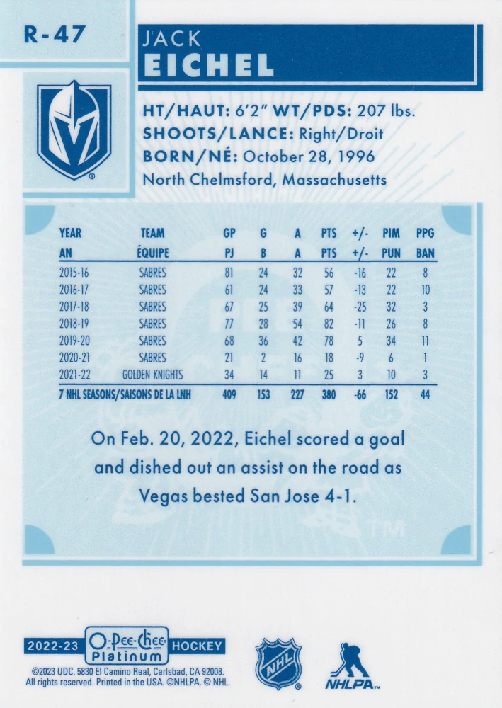 2022-23 UD O-Pee-Chee Platinum - Jack Eichel - Retro #R-47