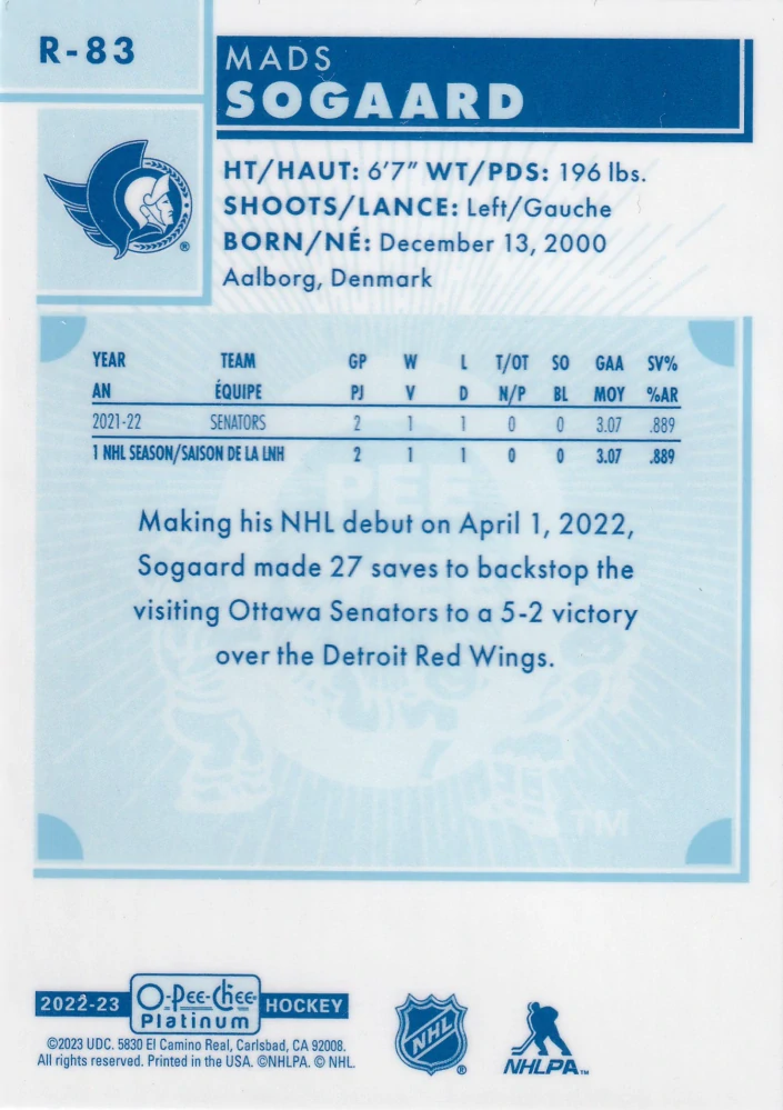 2022-23 UD O-Pee-Chee Platinum - Mads Sogaard - Retro Rookie #R-83