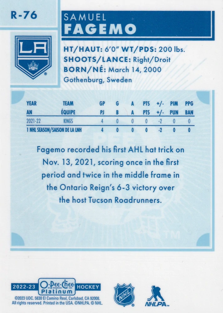 2022-23 UD O-Pee-Chee Platinum - Samuel Fagemo - Retro Rookie #R-76