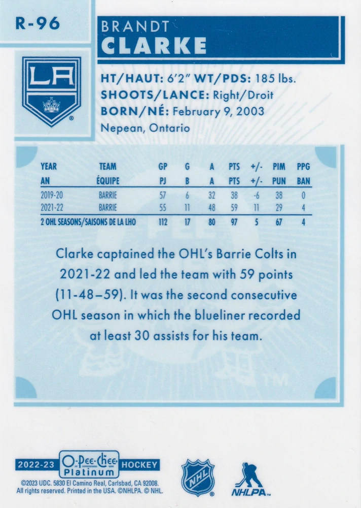 2022-23 UD O-Pee-Chee Platinum - Brandt Clarke - Retro Rookie #R-96