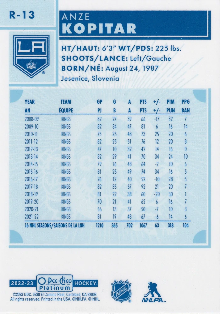 2022-23 UD O-Pee-Chee Platinum - Anze Kopitar - Retro #R-13