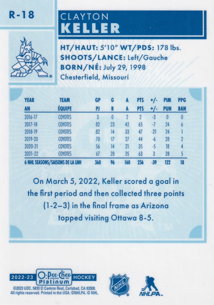 2022-23 UD O-Pee-Chee Platinum - Clayton Keller - Retro #R-18
