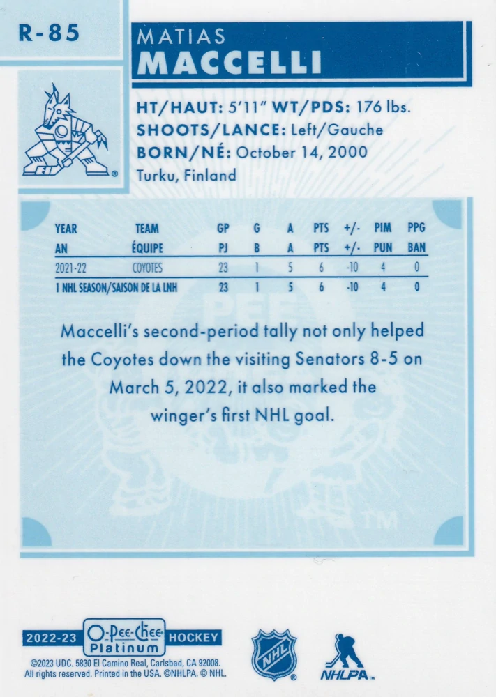 2022-23 UD O-Pee-Chee Platinum - Matias Maccelli - Retro Rookie #R-85