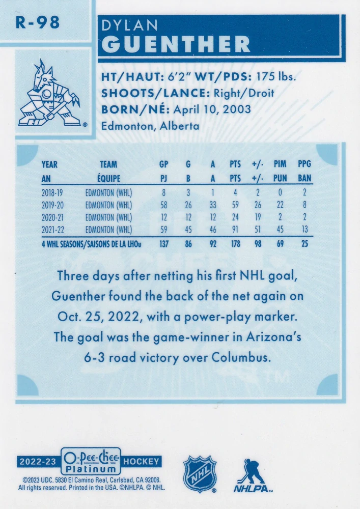 2022-23 UD O-Pee-Chee Platinum - Dylan Guenther - Retro Rookie #R-98