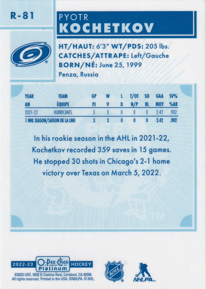2022-23 UD O-Pee-Chee Platinum - Pyotr Kochetkov - Retro Rookie #R-81