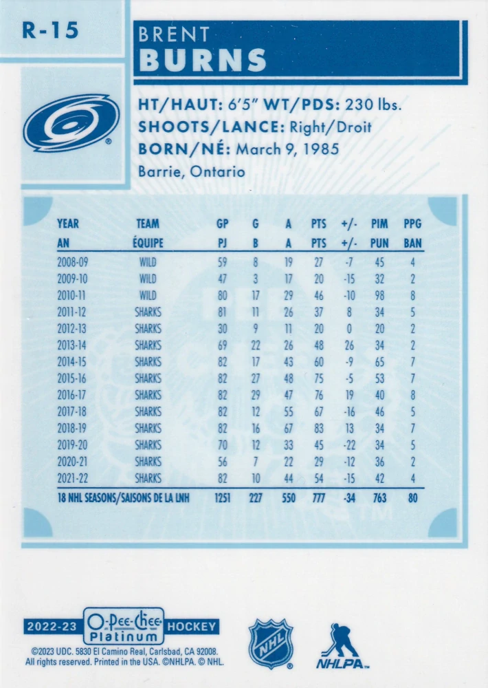 2022-23 UD O-Pee-Chee Platinum - Brent Burns - Retro #R-15