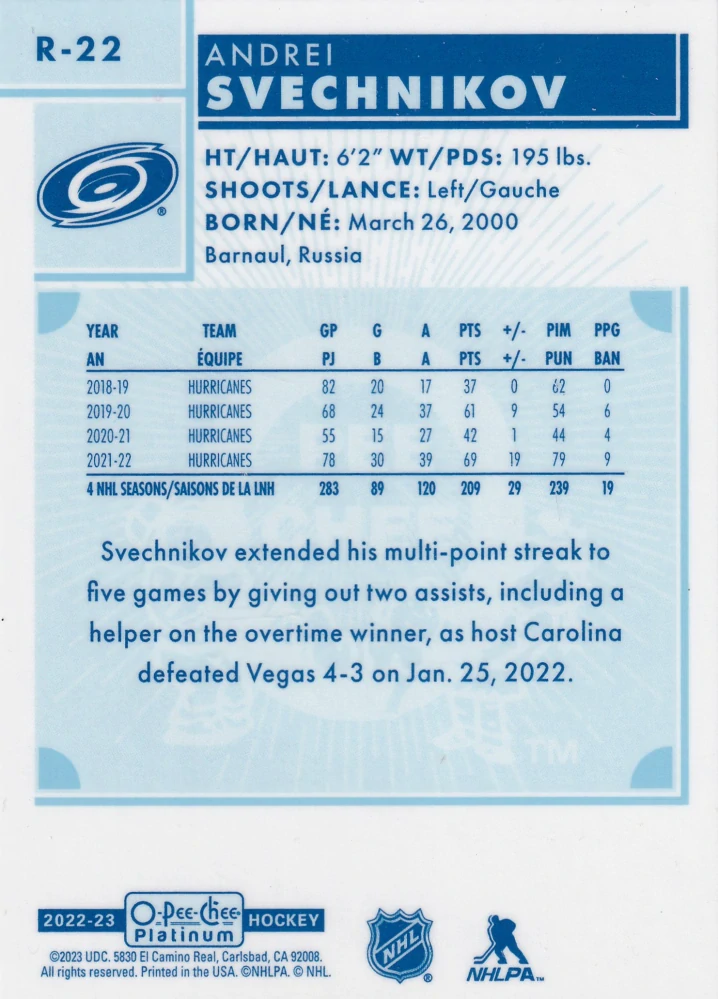 2022-23 UD O-Pee-Chee Platinum - Andrei Svechnikov - Retro #R-22