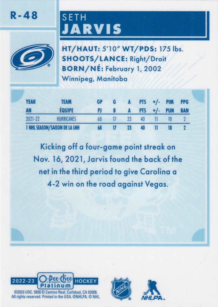 2022-23 UD O-Pee-Chee Platinum - Seth Jarvis - Retro #R-48