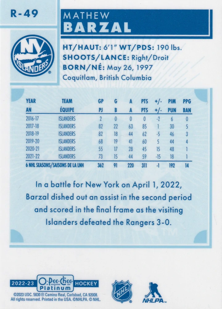 2022-23 UD O-Pee-Chee Platinum - Mathew Barzal - Retro #R-49