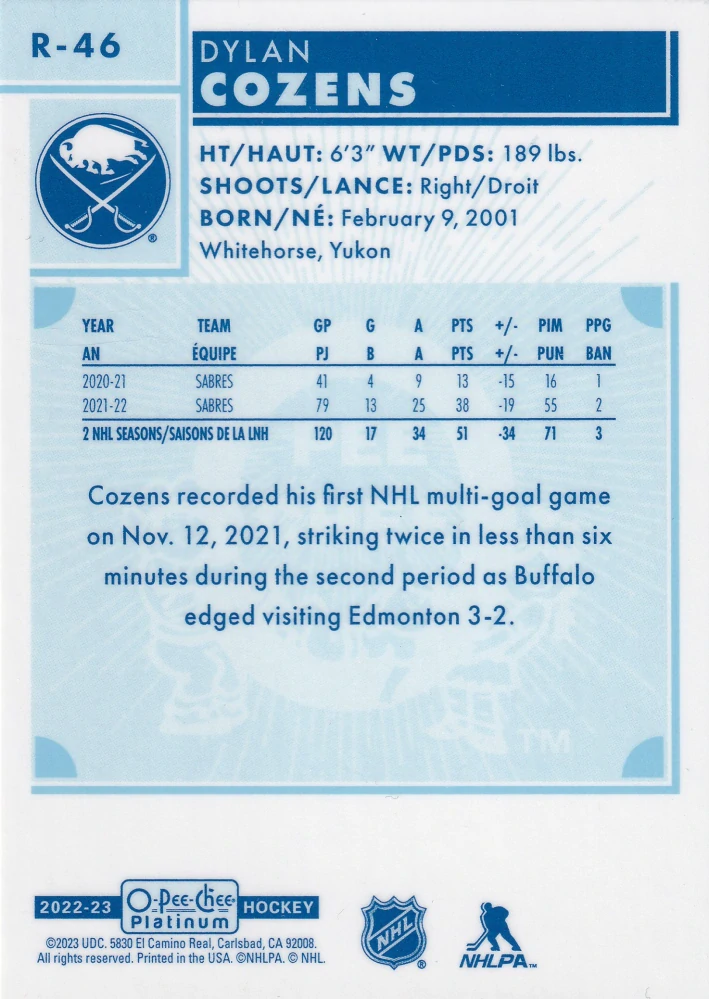 2022-23 UD O-Pee-Chee Platinum - Dylan Cozens - Retro #R-46