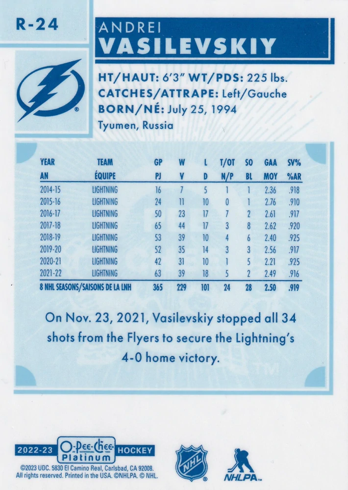 2022-23 UD O-Pee-Chee Platinum - Andrei Vasilevskiy - Retro #R-24