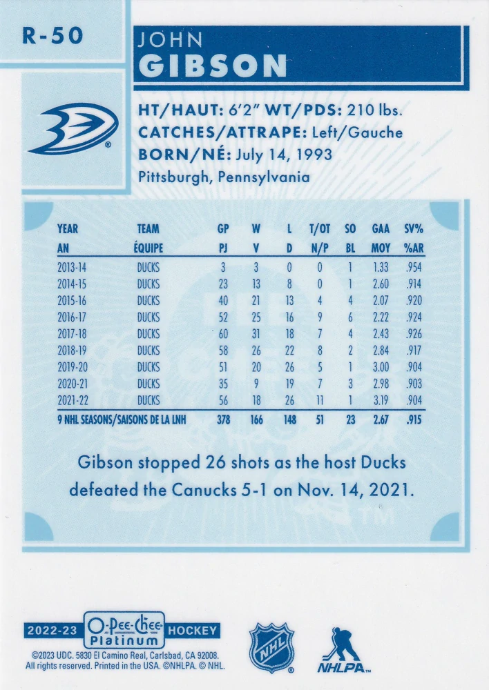 2022-23 UD O-Pee-Chee Platinum - John Gibson - Retro #R-50
