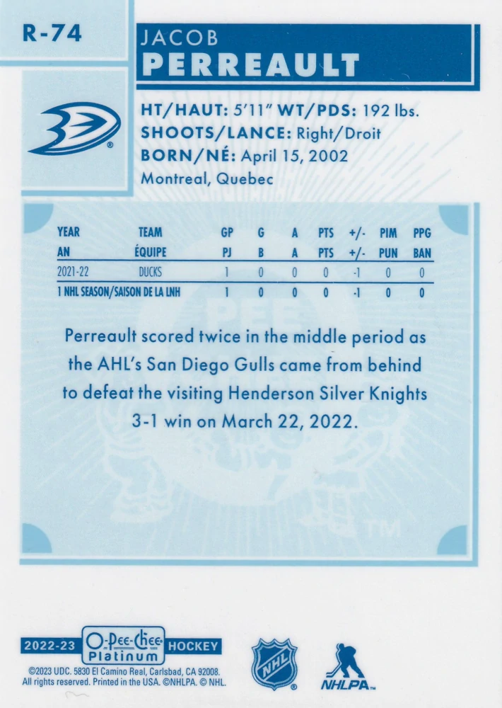 2022-23 UD O-Pee-Chee Platinum - Jacob Perreault - Retro Rookie #R-74