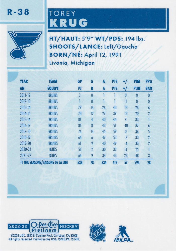 2022-23 UD O-Pee-Chee Platinum - Torey Krug - Retro #R-38