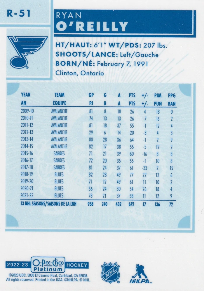 2022-23 UD O-Pee-Chee Platinum - Ryan O'Reilly - Retro #R-51