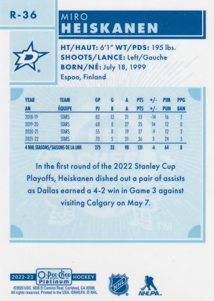 2022-23 UD O-Pee-Chee Platinum - Miro Heiskanen - Retro #R-36