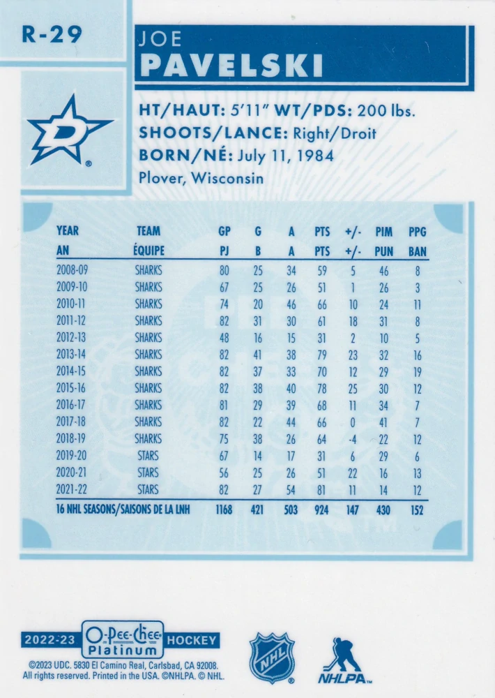 2022-23 UD O-Pee-Chee Platinum - Joe Pavelski - Retro #R-29