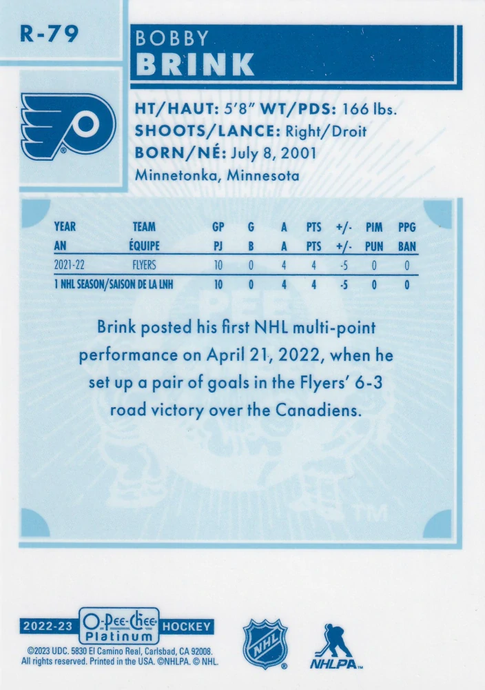 2022-23 UD O-Pee-Chee Platinum - Bobby Brink - Retro Rookie #R-79