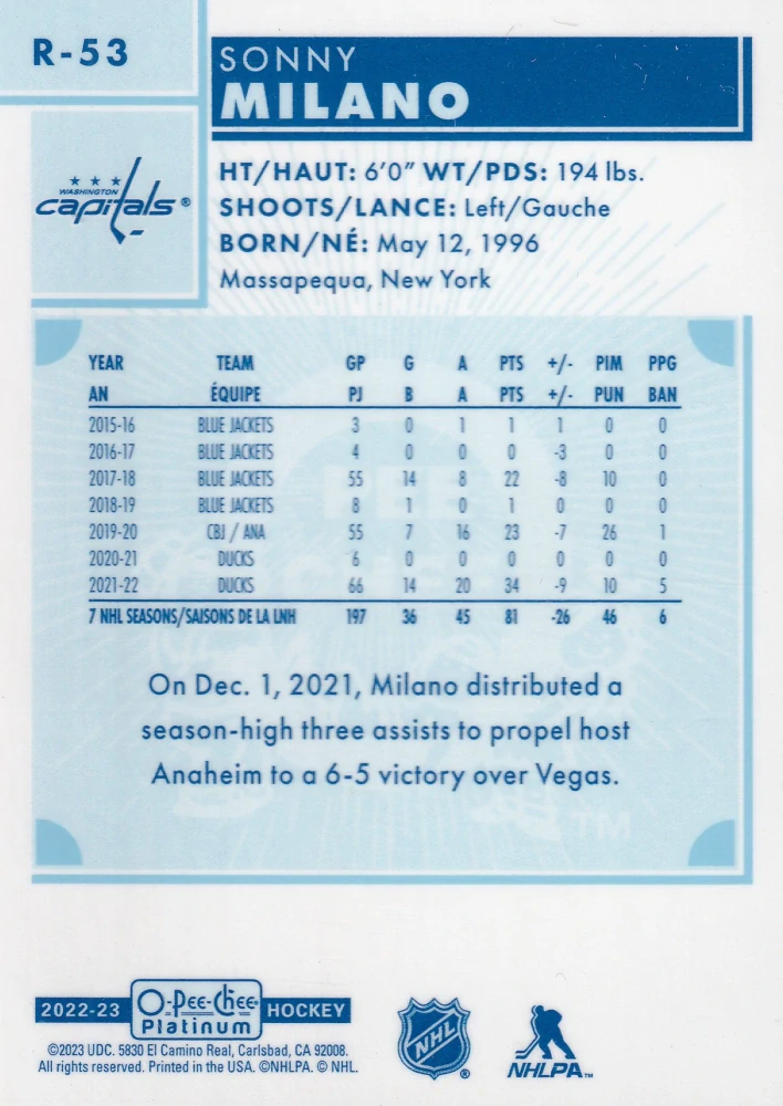 2022-23 UD O-Pee-Chee Platinum - Sonny Milano - Retro #R-53