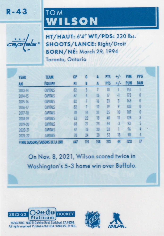2022-23 UD O-Pee-Chee Platinum - Tom Wilson - Retro #R-43